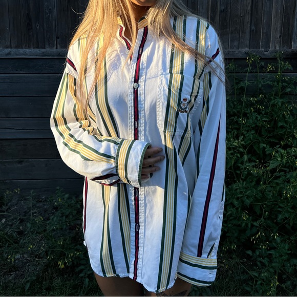 Vintage Ralph Lauren Chaps Long sleeve button down Shirt Striped Cream and green - Picture 3 of 7